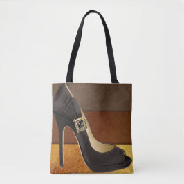Zwarte hoge hiel met bruine gouden kleuren tote bag