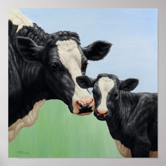Zwarte Holstein Koe & Mooie Kalf Poster (Voorkant)
