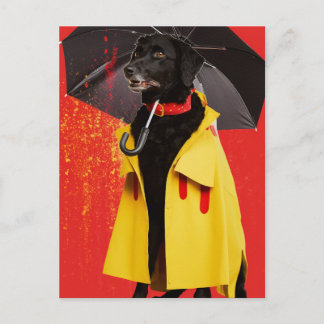 Zwarte Hond in een gele regenjas Briefkaart