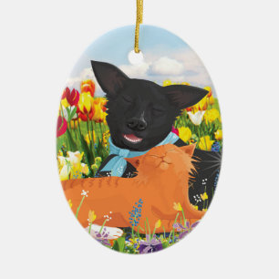 Zwarte hond, kerstboomversiering met rode kat keramisch ornament