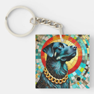 Zwarte Hond Met Gebrandschilderde Achtergrond Sleutelhanger