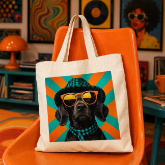 Zwarte Hond Met Oranje Zonnebril Geruite Hoed Tote Bag