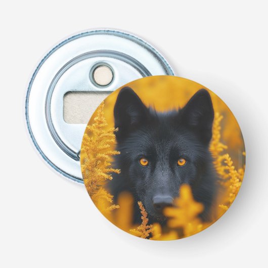 Zwarte hond met prachtige gouden ogen button flesopener (Voorkant)