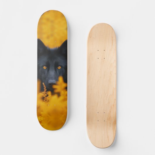 Zwarte hond met prachtige gouden ogen persoonlijk skateboard (Voorkant)