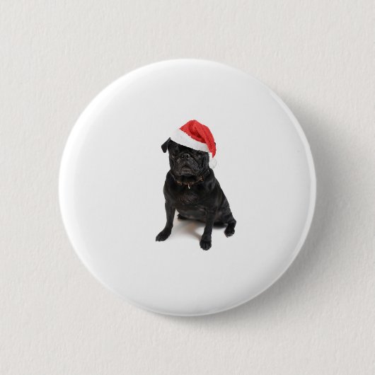 Zwarte hond met rode kersthoed ronde button 5,7 cm (Voorkant)