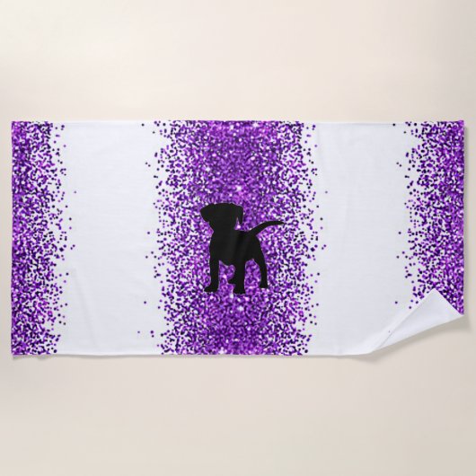 Zwarte Hond Paarse Sparkle Beach Handdoek (Voorkant)