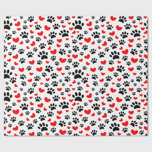 Zwarte Hond Poot Prints en Rode Harten Custom Cadeaupapier (Vlak)