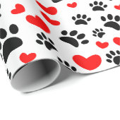 Zwarte Hond Poot Prints en Rode Harten Custom Cadeaupapier (Rol Hoek)