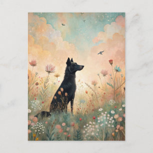 Zwarte Hond Weide Wilde Bloemen  Briefkaart