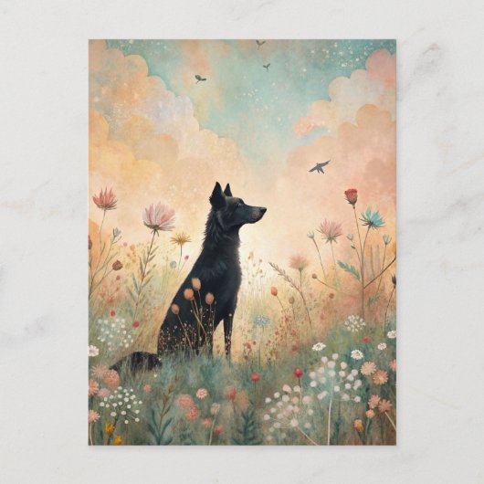 Zwarte Hond Weide Wilde Bloemen  Briefkaart (Voorkant)