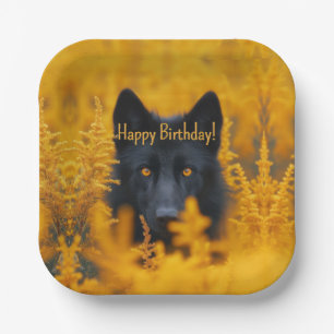 Zwarte Hond Wolf met Gouden Ogen Happy Birthday Papieren Bordje