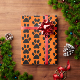 Zwarte honden/katten/dierenpootafdrukken op oranje cadeaupapier