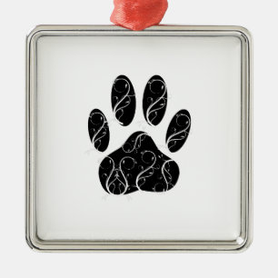 Zwarte hondenpootafdruk met witte krullen metalen ornament