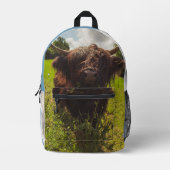 Zwarte hoogland koe grazend groen veld zonlicht bedrukte rugzak (Voorkant)