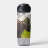 Zwarte hoogland koe grazend groen veld zonlicht waterfles (Achterkant)