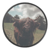 Zwarte hoogland Schotse koe grazend  retro Hockey Puck (Voorkant)
