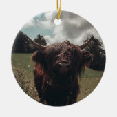 Zwarte hoogland Schotse koe grazend  retro Keramisch Ornament (Voorkant)