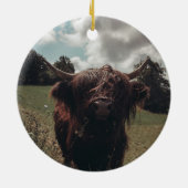 Zwarte hoogland Schotse koe grazend  retro Keramisch Ornament (Achterkant)