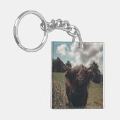 Zwarte hoogland Schotse koe grazend  retro Sleutelhanger (Voorkant Links)