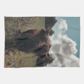 Zwarte hoogland Schotse koe grazend  retro Theedoek (Horizontaal)