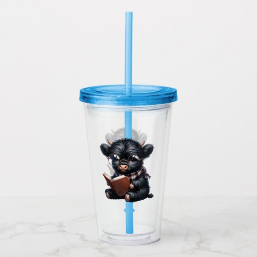 Zwarte Hooglandkoe Leest Een Boek Acryl Drinkbeker (Voorkant)