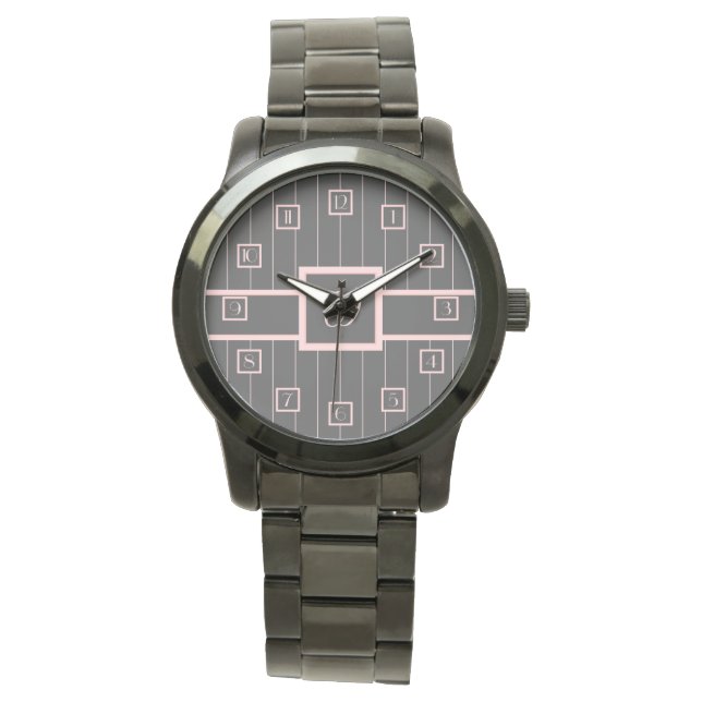 Zwarte horloge met roze strepen (Voorkant)