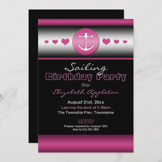 Zwarte & Hot Fuchsia Nautical Birthday Party Kaart (Voorkant / Achterkant)