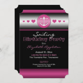 Zwarte & Hot Fuchsia Ticket Nautical Birthday Part Kaart (Voorkant / Achterkant)