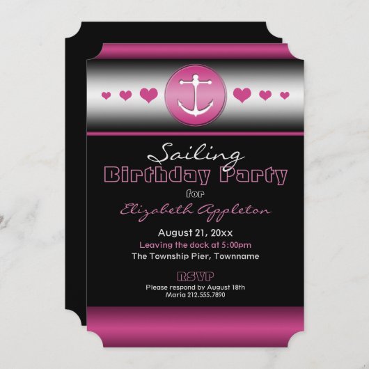 Zwarte & Hot Fuchsia Ticket Nautical Birthday Part Kaart (Voorkant / Achterkant)
