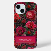 Zwarte Hot Pink Glam Rozen Marmer Monogram Naam Case-Mate iPhone Case (Achterkant)