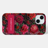 Zwarte Hot Pink Glam Rozen Marmer Monogram Naam Case-Mate iPhone Case (Achterkant (horizontaal))