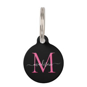 Zwarte Hot Pink Monogram Feminine Script Name Huisdierpenning