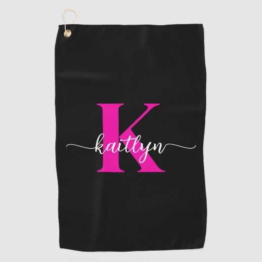 Zwarte Hot Pink Monogram Golfhanddoek (Voorkant)