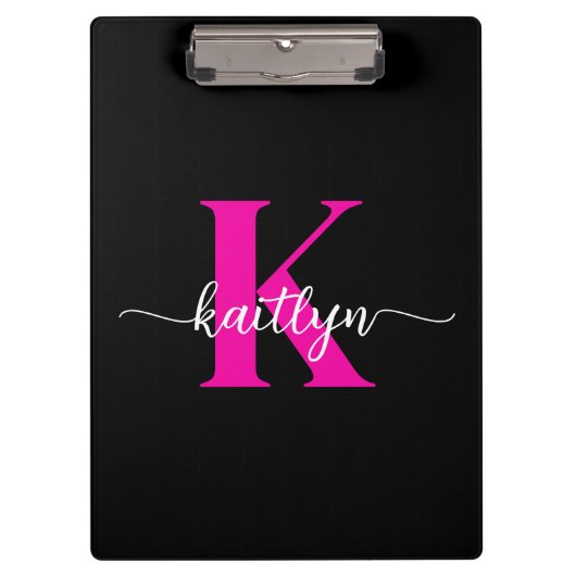 Zwarte Hot Pink Monogram Klembord (Voorkant)