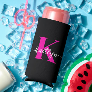 Zwarte Hot Pink Monogram Seltzer Blikjeskoeler