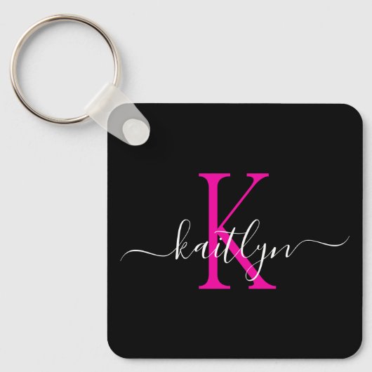 Zwarte Hot Pink Naam Initiaal Monogram Sleutelhanger (Voorkant)
