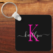 Zwarte Hot Pink Naam Initiaal Monogram Sleutelhanger (Voorkant)