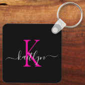 Zwarte Hot Pink Naam Initiaal Monogram Sleutelhanger (Achterkant)