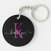 Zwarte Hot Pink Naam Initiaal Monogram Sleutelhanger (Achterkant)
