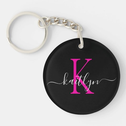 Zwarte Hot Pink Naam Initiaal Monogram Sleutelhanger (Voorkant)