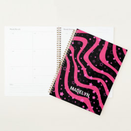 Zwarte & Hot Pink strepen en sterren gepersonalise Planner