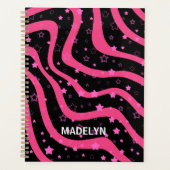 Zwarte & Hot Pink strepen en sterren gepersonalise Planner (Voorkant)