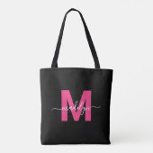 Zwarte Hot Roze Moderne Script Naam Monogram Tote Bag (Achterkant)