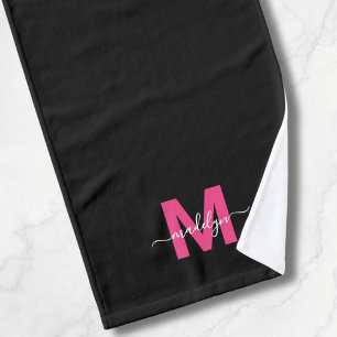 Zwarte Hot Roze Script Naam Monogram Handdoek
