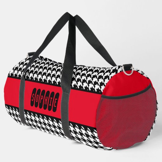 Zwarte Houndstooth & rode grote plunjezak (Rechterhoek)