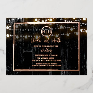 Zwarte hout- en snoerlampen Elegante rustieke brui Folie Uitnodiging