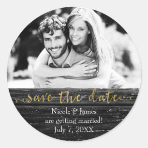 Zwarte houten SAVE THE DATE Glam Rustic Huwelijksf Ronde Sticker