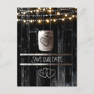 Zwarte houten slingerlichten vat save the date aankondigingskaart