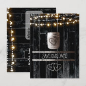 Zwarte houten slingerlichten vat save the date aankondigingskaart (Voorkant / Achterkant)