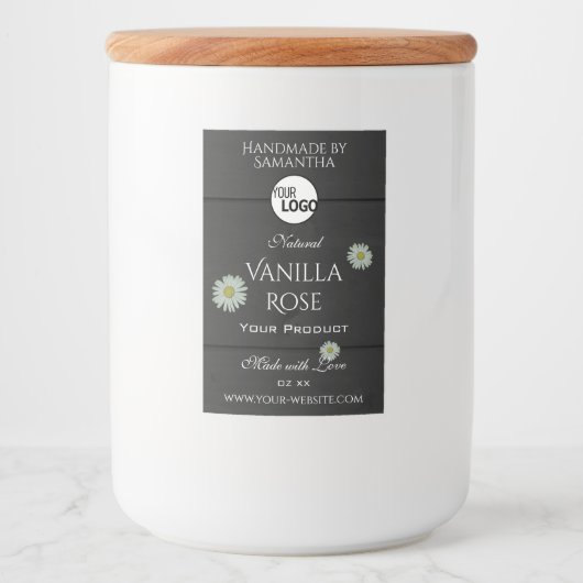 Zwarte houtnerf productlabels bloemendaislogo  voedselcontainer etiket (Voorkant)